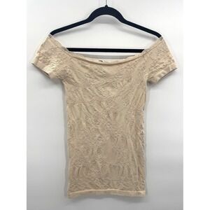 VTG Y2K Off Shoulder Top Medium Nude Stretch Textured Floral Lace Cottage Boho